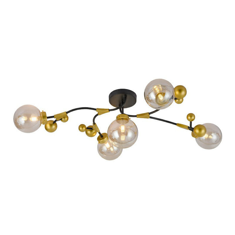 Postmoderne 5 Lampen halb Flush Light Black und Messing Molekular Deckenleuchte mit Glasschatten