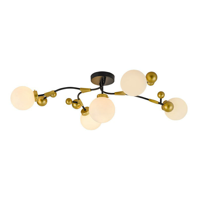 Postmodern 5 Bulbs Semi Flush Light Black and Brass Molecular Ceiling Light with Glass Shade