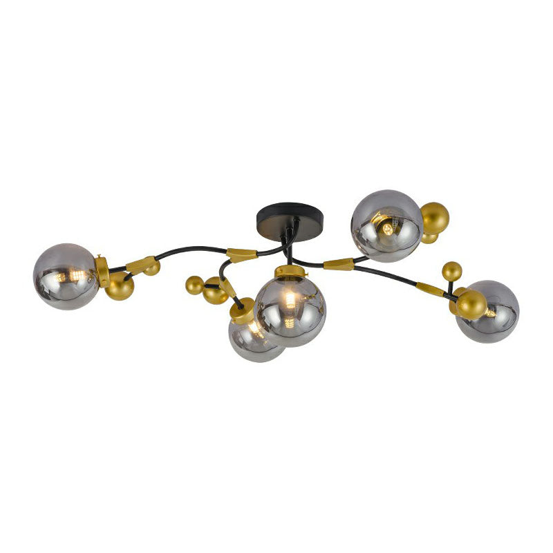 Postmoderne 5 Lampen halb Flush Light Black und Messing Molekular Deckenleuchte mit Glasschatten