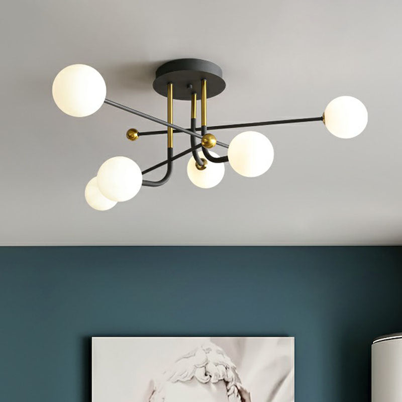 Cream Glass Ball Semi Mount Lighting Minimalistic Black and Brass Ceiling Light for Dining Room