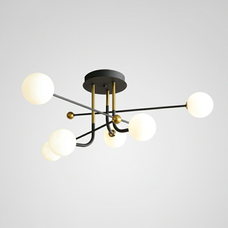 Cream Glass Ball Semi Mount Lighting Minimalistic Black and Brass Ceiling Light for Dining Room