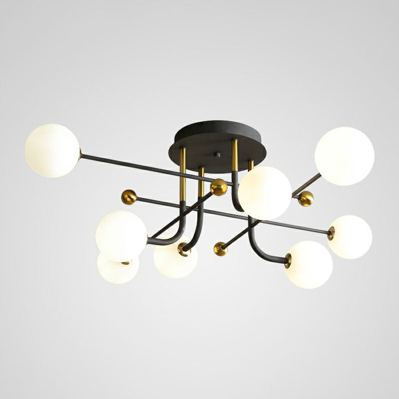 Cream Glass Ball Semi Mount Lighting Minimalistic Black and Brass Ceiling Light for Dining Room