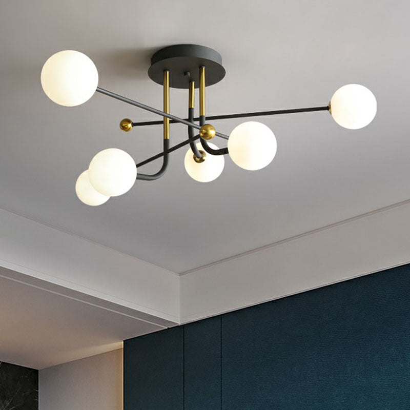 Cream Glass Ball Semi Mount Lighting Minimalistic Black and Brass Ceiling Light for Dining Room