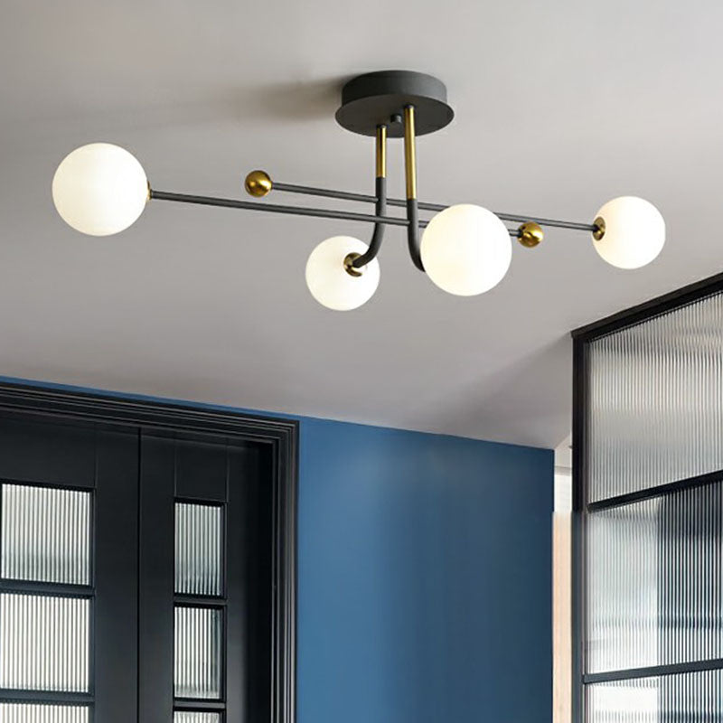 Cream Glass Ball Semi Mount Lighting Minimalistic Black and Brass Ceiling Light for Dining Room