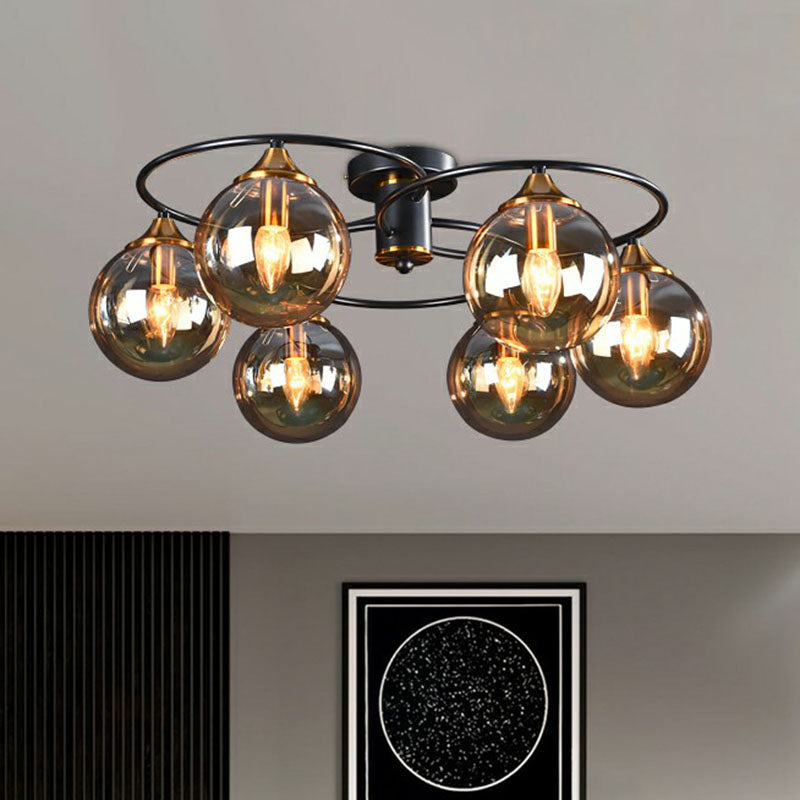 Bola Semi Flush Candelier Vidrio posmoderno Techo negro Luz de montaje para sala de estar para sala de estar