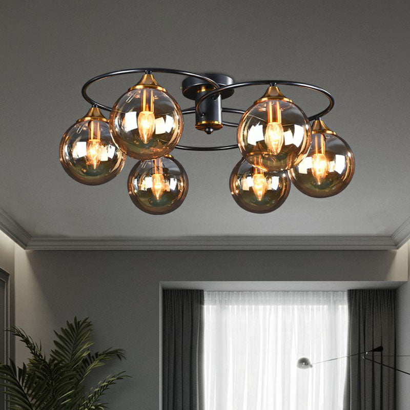 Bola Semi Flush Candelier Vidrio posmoderno Techo negro Luz de montaje para sala de estar para sala de estar