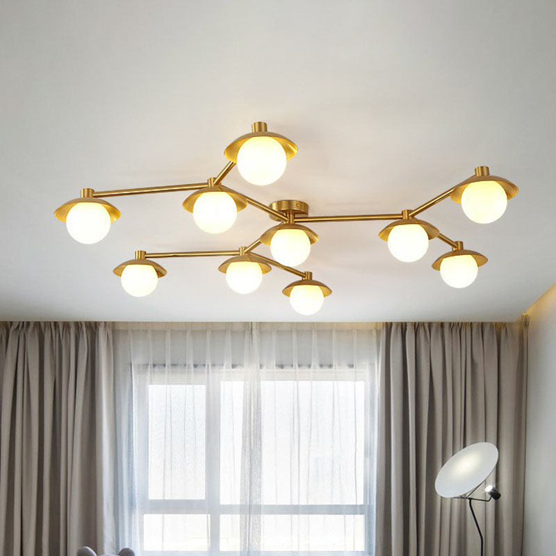 Postmodern Novelty Ceiling Light Gold Finish Molecule Semi Flush Mount Lamp with Ball White Glass Shade