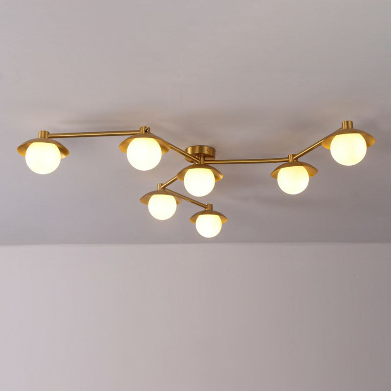 Postmodern Novelty Ceiling Light Gold Finish Molecule Semi Flush Mount Lamp with Ball White Glass Shade