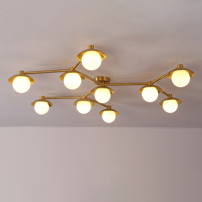 Postmodern Novelty Ceiling Light Gold Finish Molecule Semi Flush Mount Lamp with Ball White Glass Shade