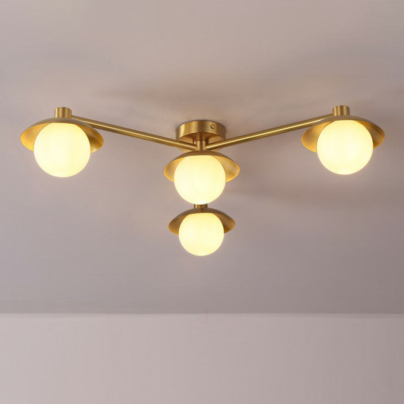 Postmodern Novelty Ceiling Light Gold Finish Molecule Semi Flush Mount Lamp with Ball White Glass Shade