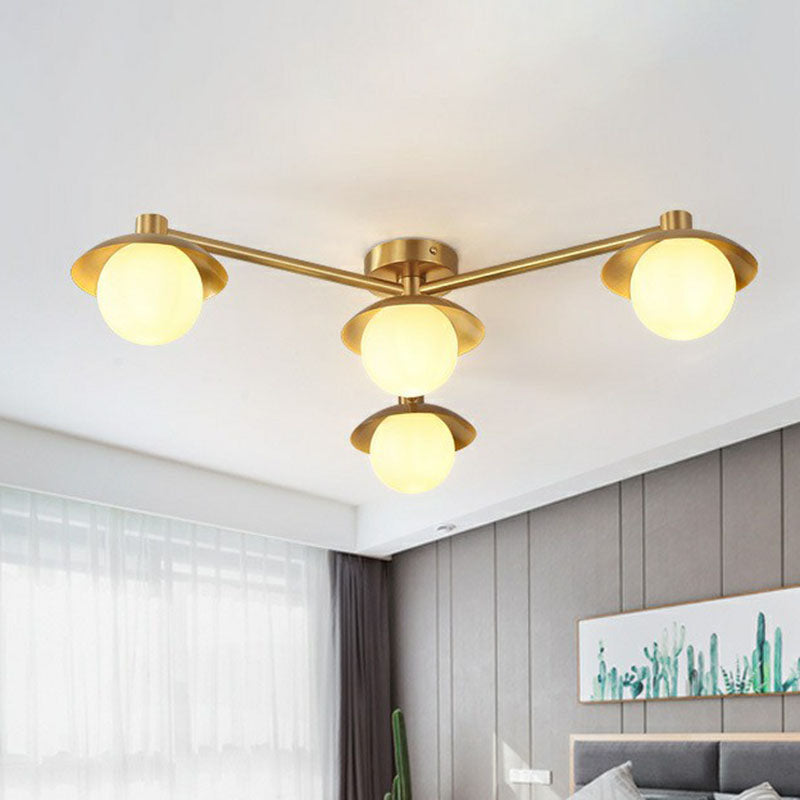 Postmodern Novelty Ceiling Light Gold Finish Molecule Semi Flush Mount Lamp with Ball White Glass Shade