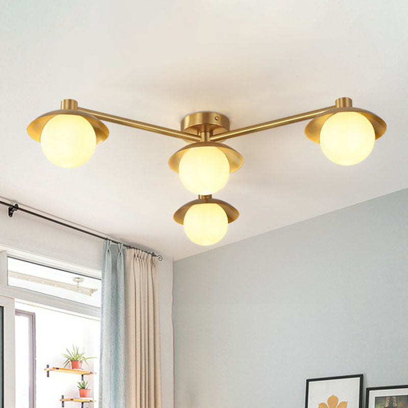 Postmodern Novelty Ceiling Light Gold Finish Molecule Semi Flush Mount Lamp with Ball White Glass Shade