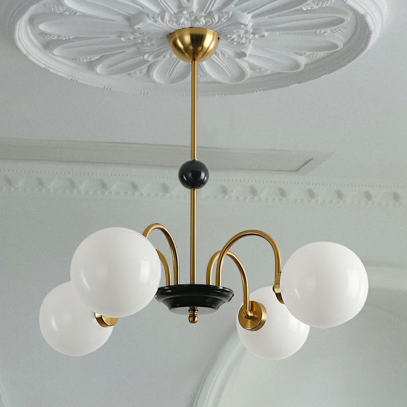 Ivory Glass Ball Chandelier Postmodern Black and Brass Hanging Lighting for Dining Room