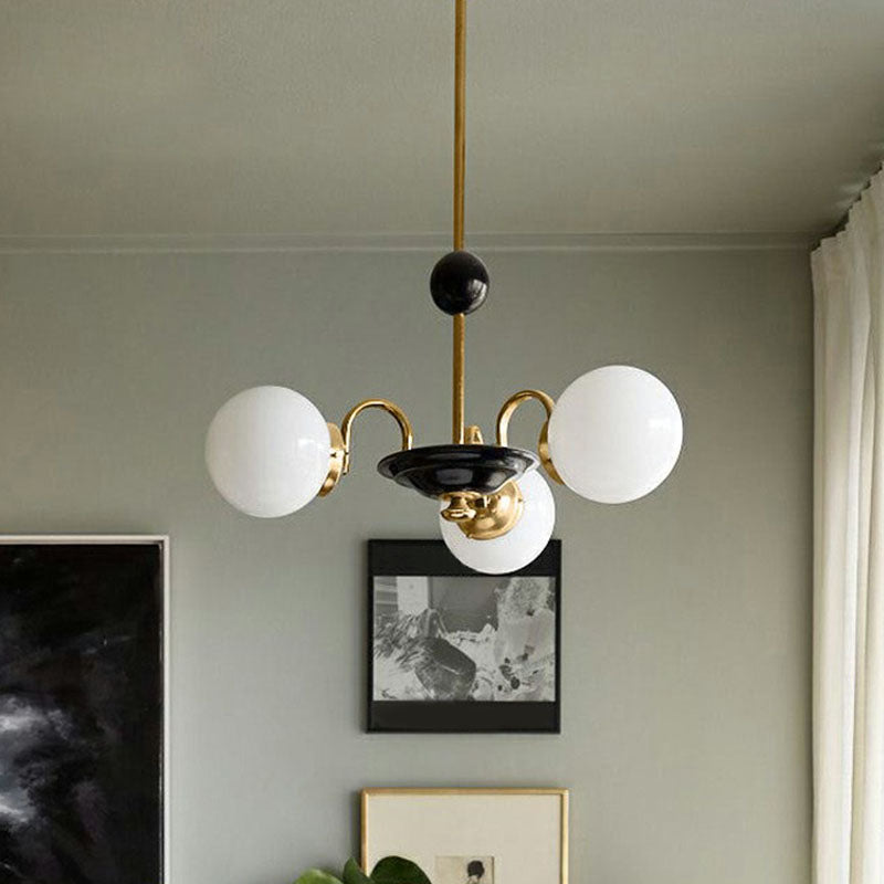 Ivory Glass Ball Chandelier Postmodern Black and Brass Hanging Lighting for Dining Room