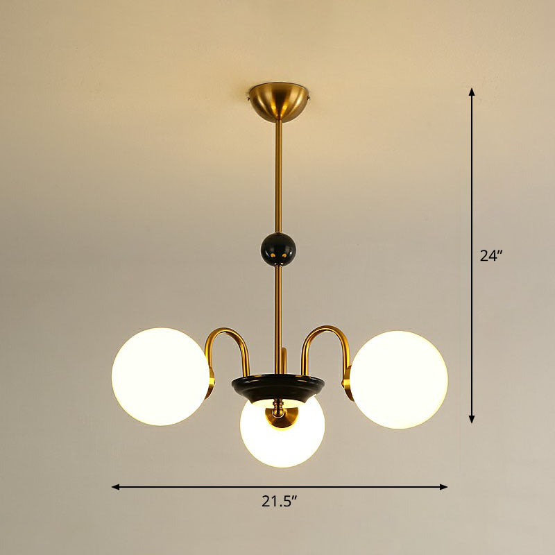 Ivory Glass Ball Chandelier Postmodern Black and Brass Hanging Lighting for Dining Room