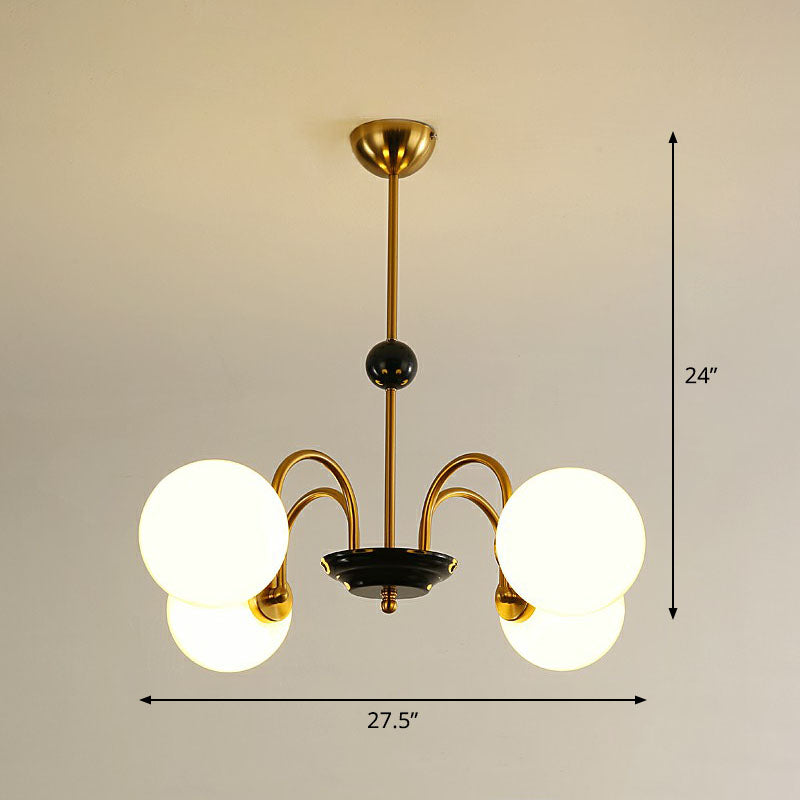 Ivory Glass Ball Chandelier Postmodern Black and Brass Hanging Lighting for Dining Room