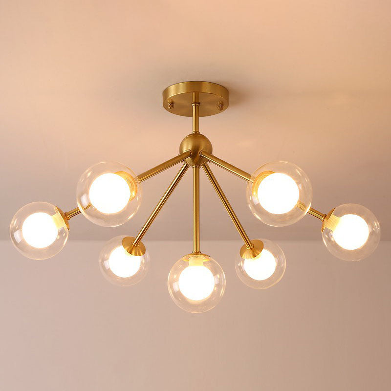 Minimalism Branch Chandelier Metal Dining Room Ceiling Light with Dual Ball Glass Shade in Gold