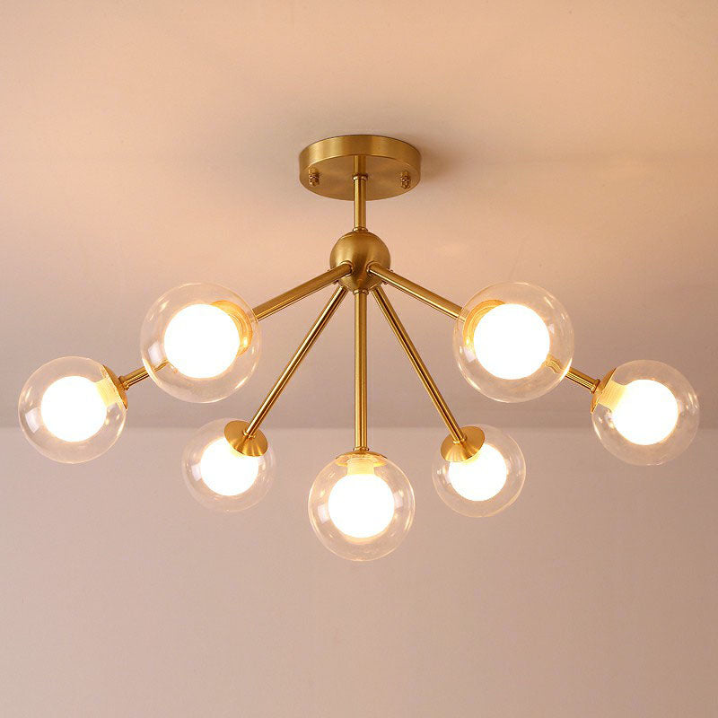 Minimalism Branch Chandelier Metal Dining Room Ceiling Light with Dual Ball Glass Shade in Gold