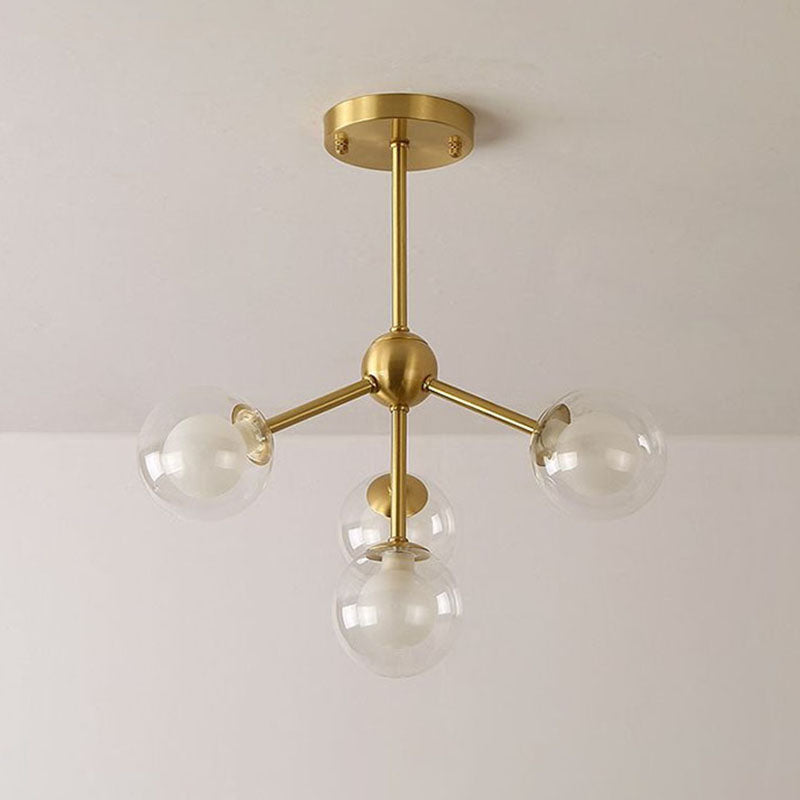 Minimalism Branch Chandelier Metal Dining Room Ceiling Light with Dual Ball Glass Shade in Gold