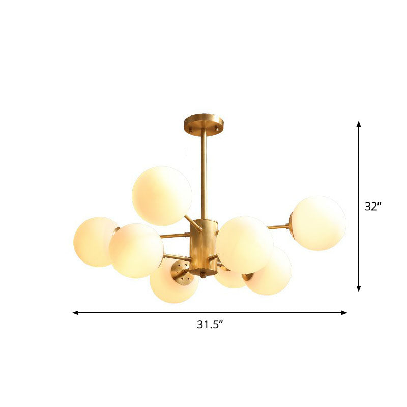 White Glass Sphere Ceiling Chandelier Postmodern Hanging Light Fixture in Gold for Living Room