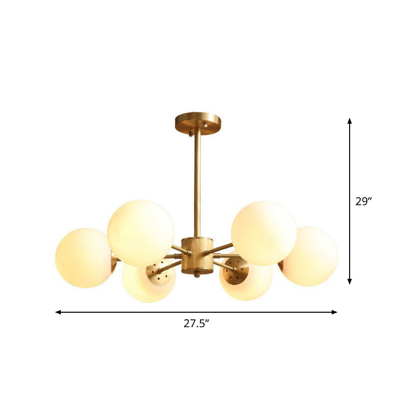 White Glass Sphere Ceiling Chandelier Postmodern Hanging Light Fixture in Gold for Living Room