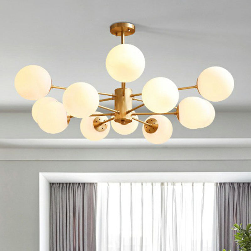 White Glass Sphere Ceiling Chandelier Postmodern Hanging Light Fixture in Gold for Living Room