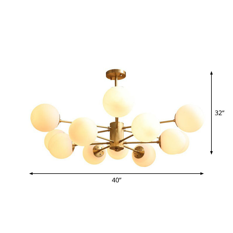 White Glass Sphere Ceiling Chandelier Postmodern Hanging Light Fixture in Gold for Living Room