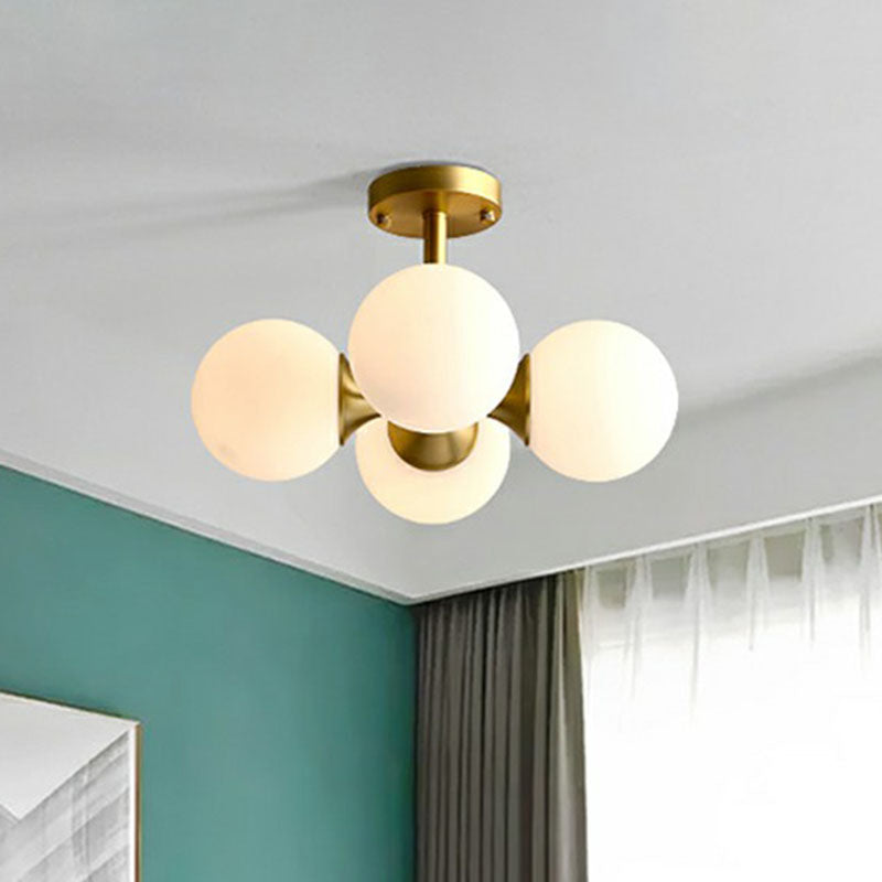 White Glass Sphere Ceiling Chandelier Postmodern Hanging Light Fixture in Gold for Living Room