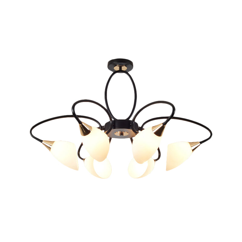 6/8 Lights Semi Flush Mount Traditional Oval White Glass Ceiling Light in Black for Living Room