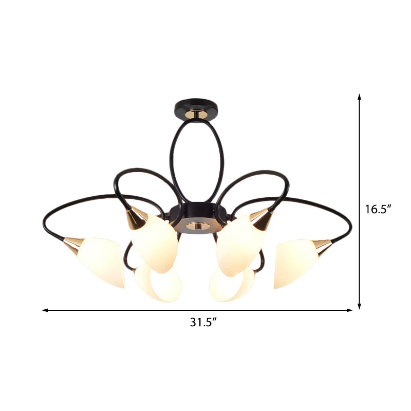 6/8 Lights Semi Flush Mount Traditional Oval White Glass Ceiling Light in Black for Living Room