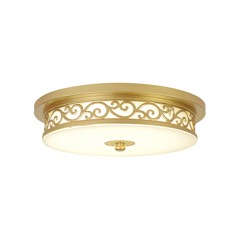 Gold Drum Flush Mount Lamp Classic White Glass LED 12 "/16" /19.5 " W Woonkamer Plafond Licht in wit/Warm Licht