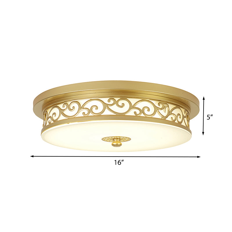 Gold Drum Flush Mount Lamp Classic White Glass LED 12"/16"/19.5" W Living Room Ceiling Light in White/Warm Light