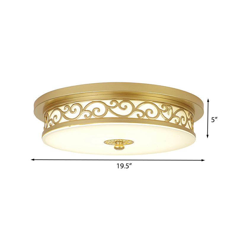 Gold Drum Flush Mount Lamp Classic White Glass LED 12 "/16" /19.5 " W Woonkamer Plafond Licht in wit/Warm Licht