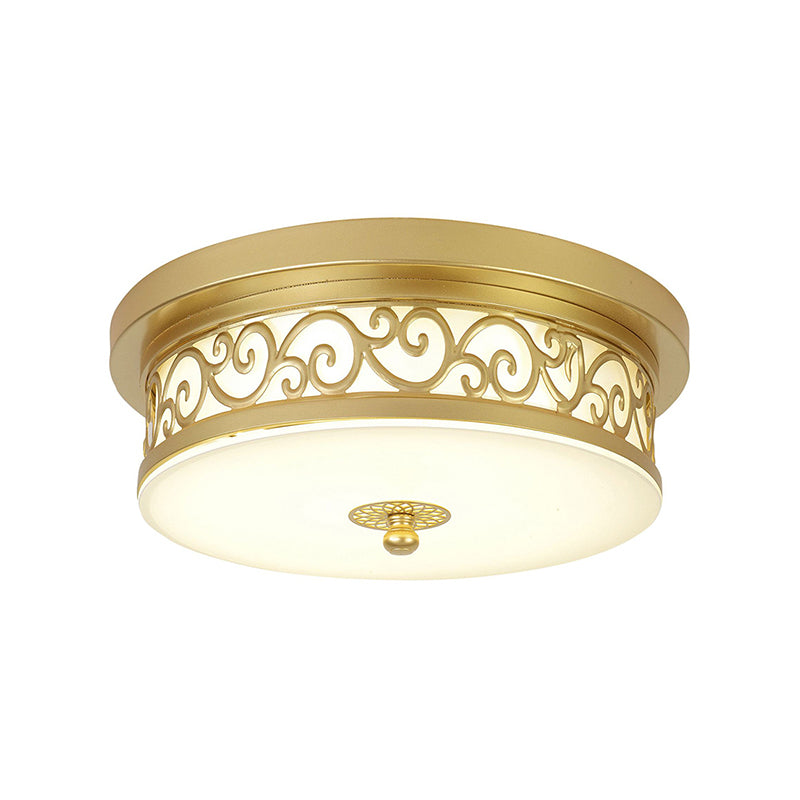 Lampe encastrée à tambour doré, classique en verre blanc, LED 12/16/19,5 pouces, plafonnier de salon en blanc/lumière chaude