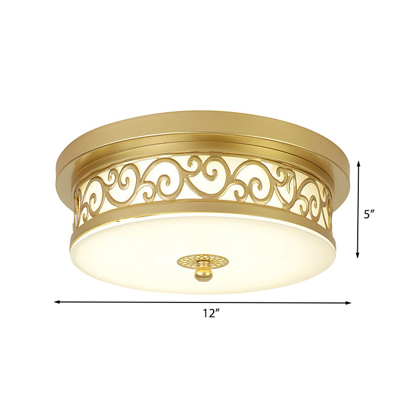 Gold Drum Flush Mount Lamp Classic White Glass LED 12 "/16" /19.5 " W Woonkamer Plafond Licht in wit/Warm Licht