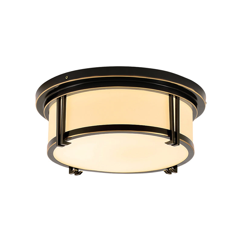 Black/Brass Drum Flush Mount Lamp Classic Frosted Glass LED Living Room Ceiling Light Fixture in Warm/White Light