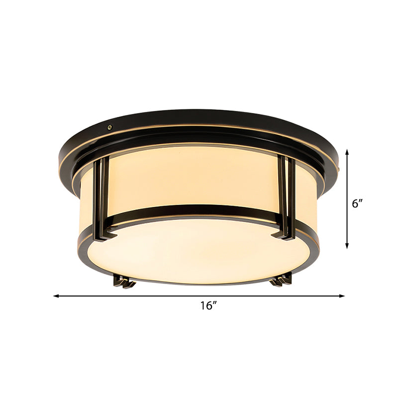 Black/Brass Drum Flush Mount Lamp Classic Frosted Glass LED Living Room Ceiling Light Fixture in Warm/White Light