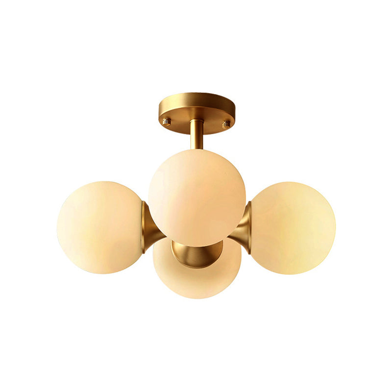 4 Lights Dining Room Ceiling Light Fixture Traditional Gold Semi Flush with Globe White Glass Shade