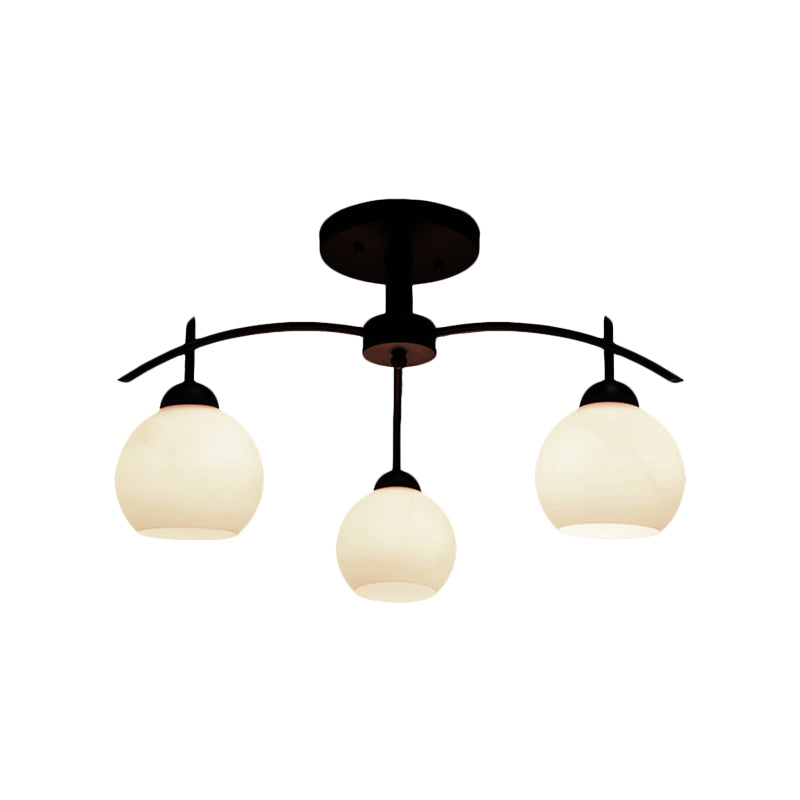 Globe White Glass Semi Flush tradizionale 3/5/6 Luci soggiorno Lampada a soffitto in nero