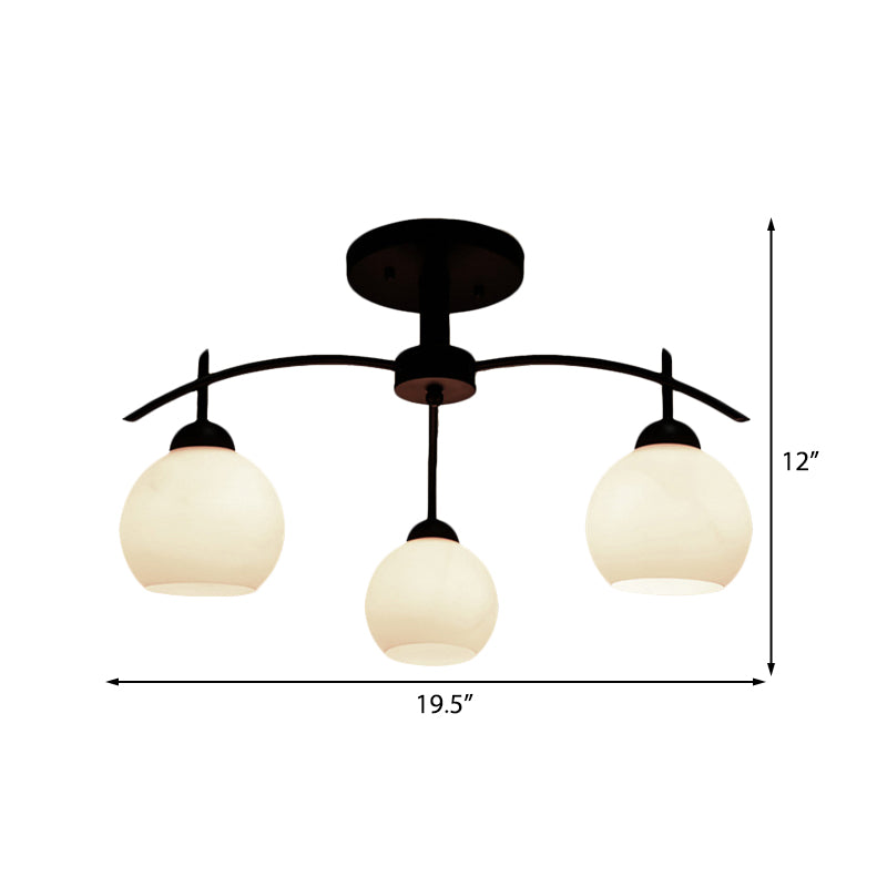 Globe White Glass Semi Flush traditionnel 3/5/6 Lights Livrage de plafond de salon en noir