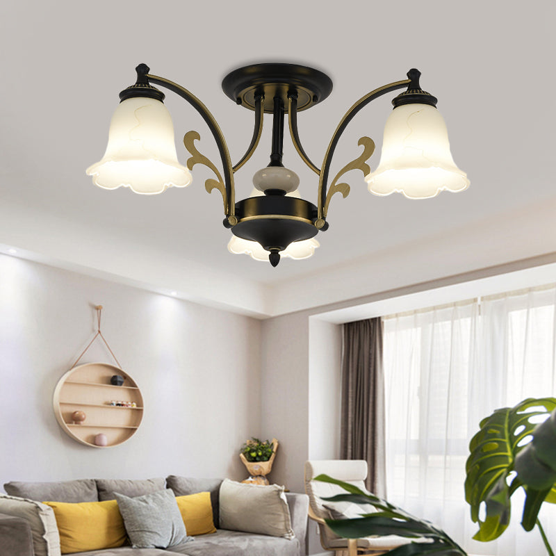 Floral Shaped White Glass Semi Flush Mount Light Vintage 3/6/8 Lights Dining Room Ceiling Lamp in Black