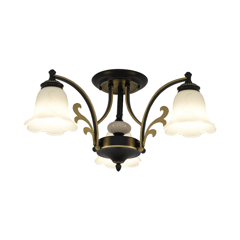 Floral Shaped White Glass Semi Flush Mount Light Vintage 3/6/8 Lights Dining Room Ceiling Lamp in Black