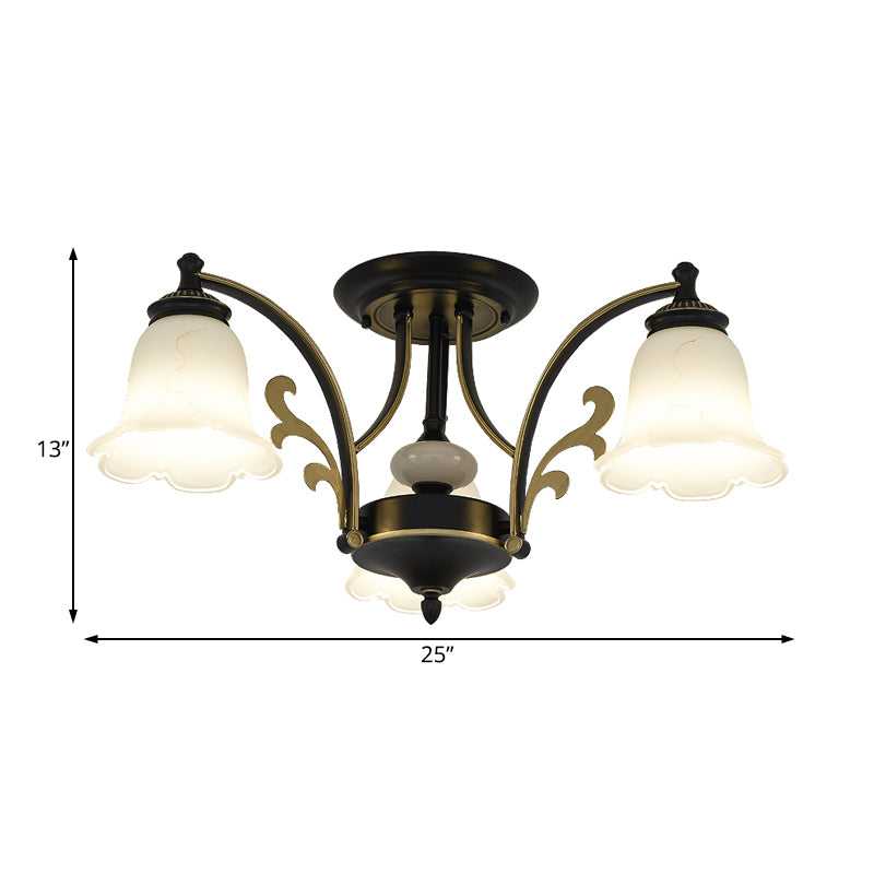 Floral Shaped White Glass Semi Flush Mount Light Vintage 3/6/8 Lights Dining Room Ceiling Lamp in Black