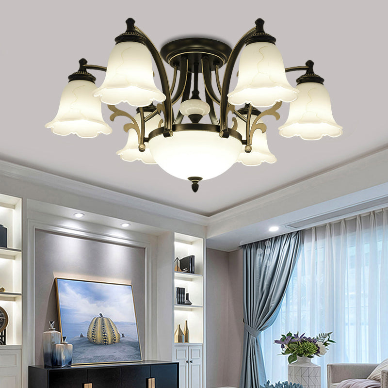 Floral Shaped White Glass Semi Flush Mount Light Vintage 3/6/8 Lights Dining Room Ceiling Lamp in Black