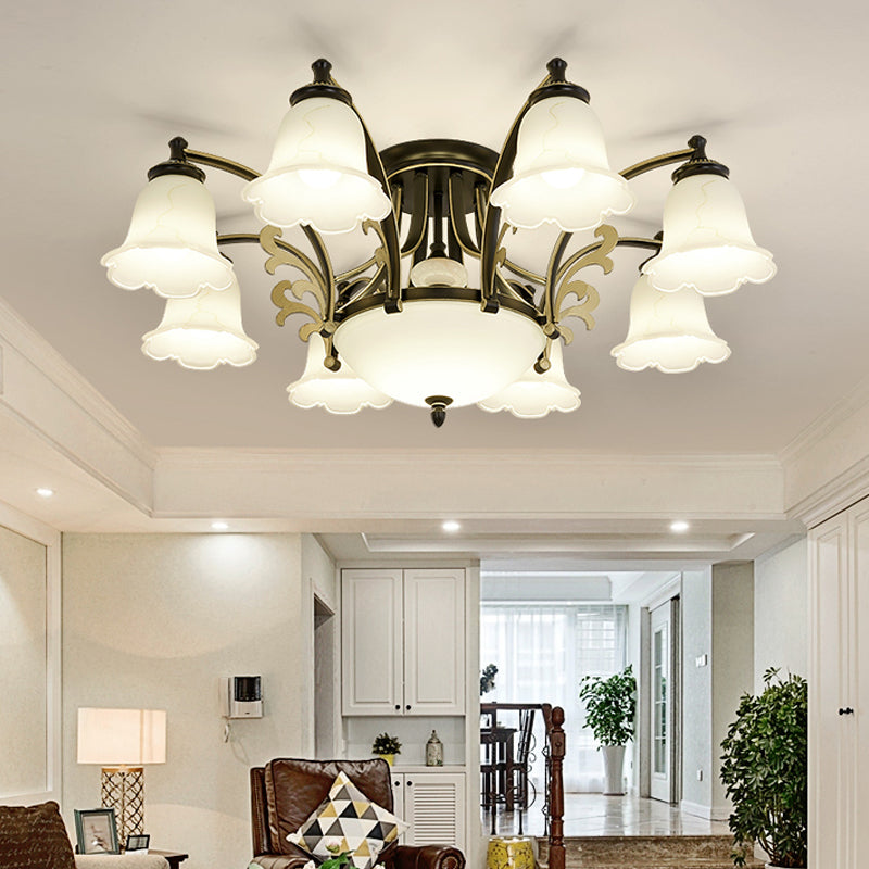 Floral Shaped White Glass Semi Flush Mount Light Vintage 3/6/8 Lights Dining Room Ceiling Lamp in Black