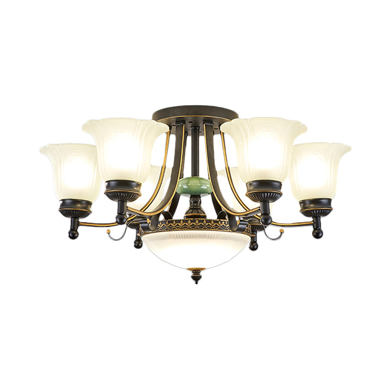 Opal Glass Flower Ceiling Light Fixture Rustic 9/11/13 Lights Living Room Semi Flush Mount Light with Black Arm