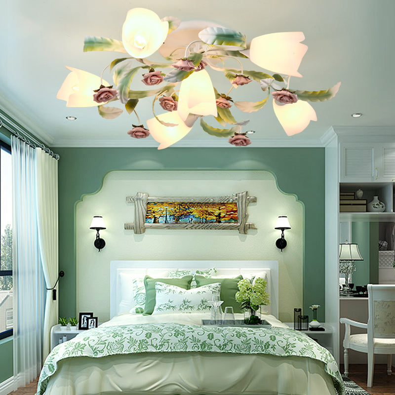 Floral Bedroom Ceiling Mount Chandelier Pastoral Frost Glass White Semi Flush Mount Lighting