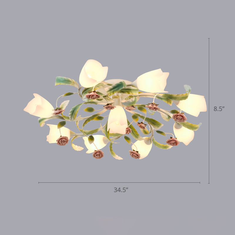 Floral Bedroom Ceiling Mount Chandelier Pastoral Frost Glass White Semi Flush Mount Lighting