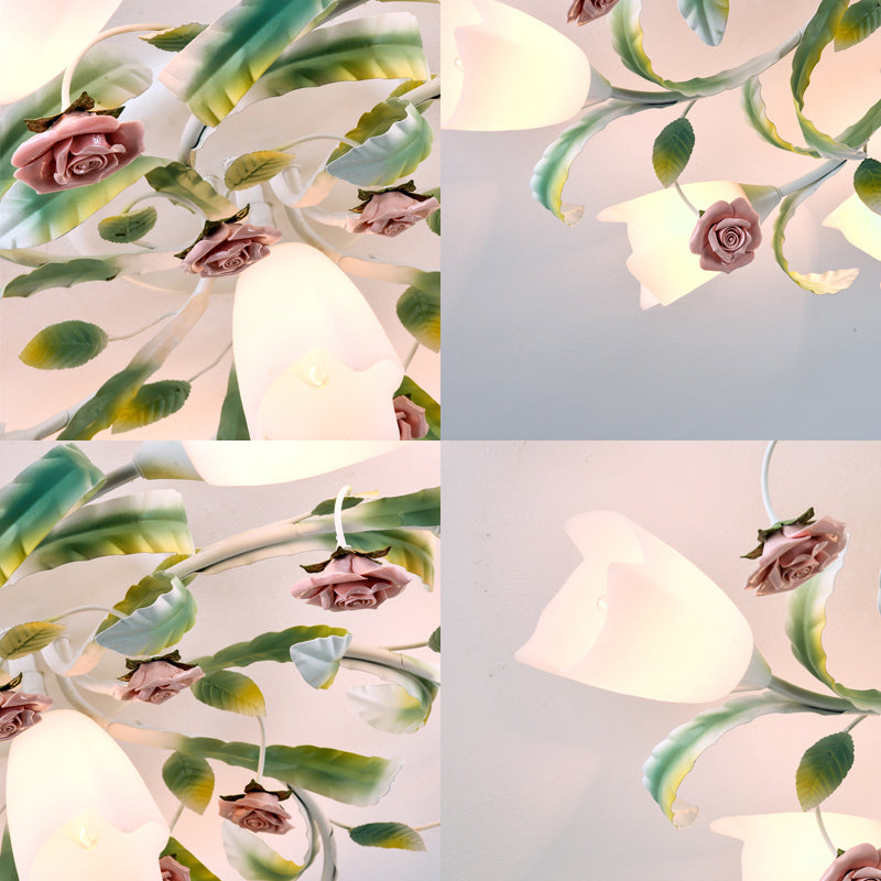 Floral Bedroom Ceiling Mount Chandelier Pastoral Frost Glass White Semi Flush Mount Lighting