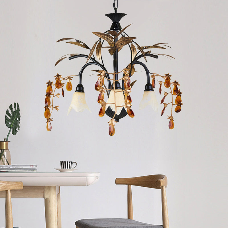 Floral Shape White Glass Chandelier Light Rustic 3 Lights Dining Room Hanging Light with Black/White Arm